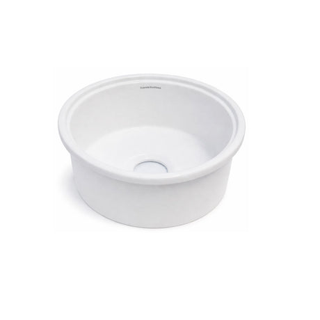 A white round undermount sink basin shown from a high-angle perspective on a clean white background.