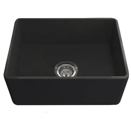 Black kitchen sink with silver drain on a white background
