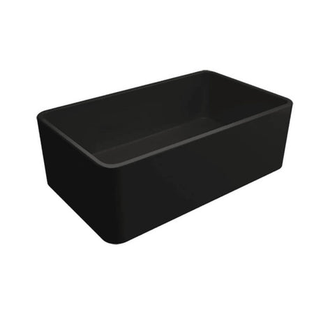 A matte black rectangular farmhouse sink with rounded corners, shown from a three-quarters perspective on a solid white background.