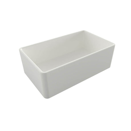 A white rectangular ceramic farmhouse sink with a deep basin and rounded corners, shown from an elevated perspective on a solid white background.