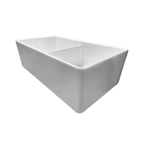 A white rectangular farmhouse sink with a single central divider, shown at an angle on a solid white background.