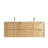 Wooden bathroom vanity with white countertop on a white background
