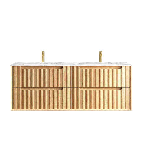 Wooden bathroom vanity with white countertop on a white background