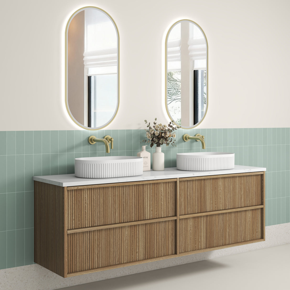 Venetta 1800mm Harvest Oak wall Hung Vanity - Fluted Framed side view
