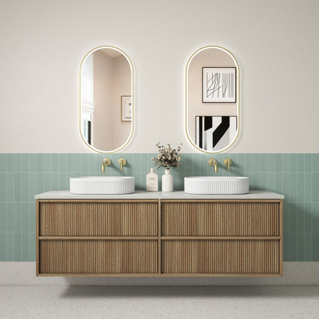 Venetta 1800mm Harvest Oak wall Hung Vanity - Fluted Framed front view