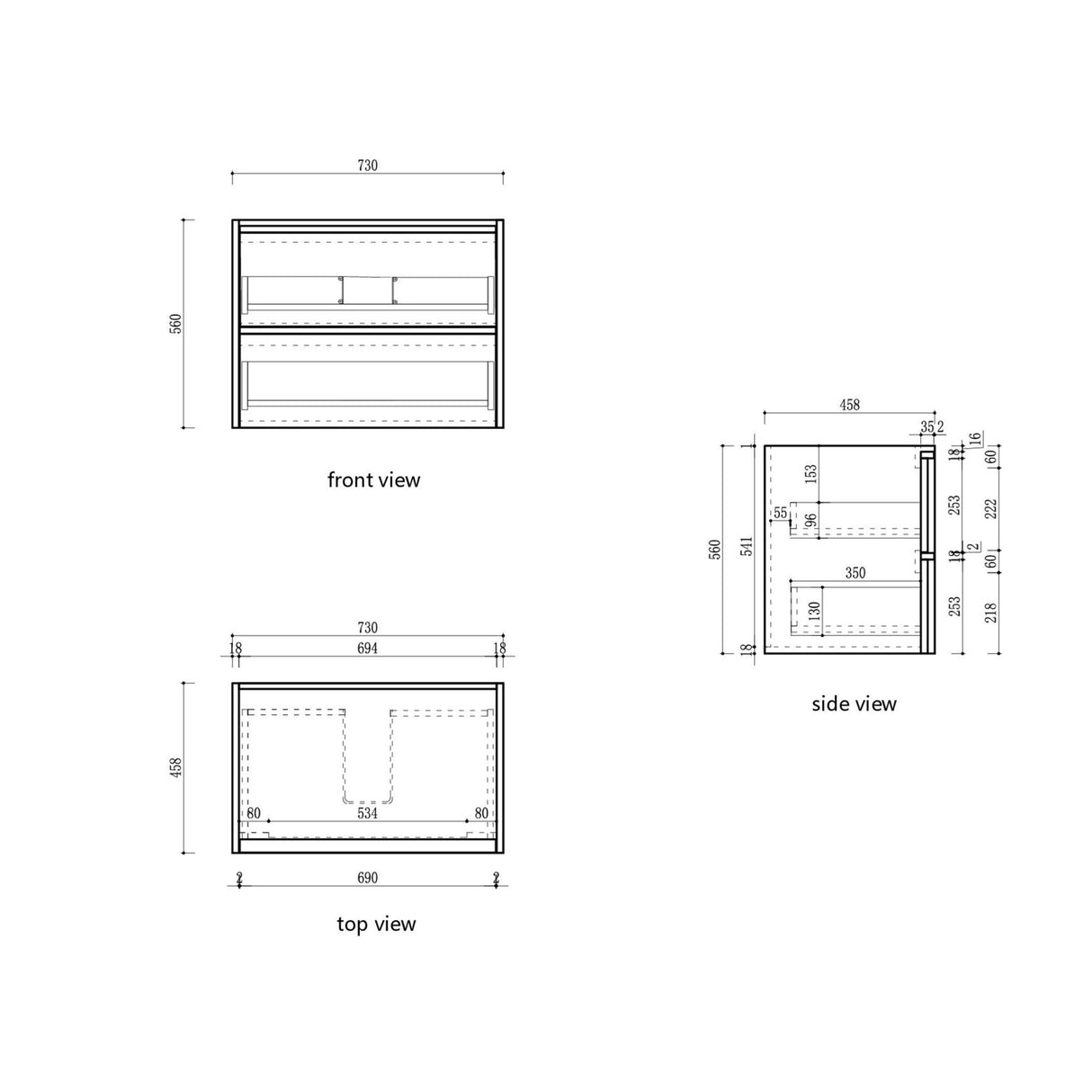 Venetta 750mm Harvest Oak Wall Hung Vanity - Framed drawing