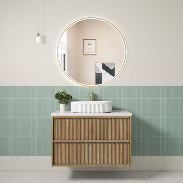 Venetta 900mm Harvest Oak Wall Hung Vanity - Fluted Framed front view