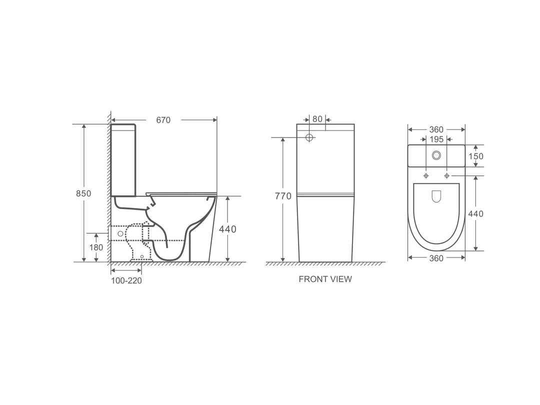 Technical dimension drawing of a toilet with front and side views, showing measurements in millimeters on a white background.