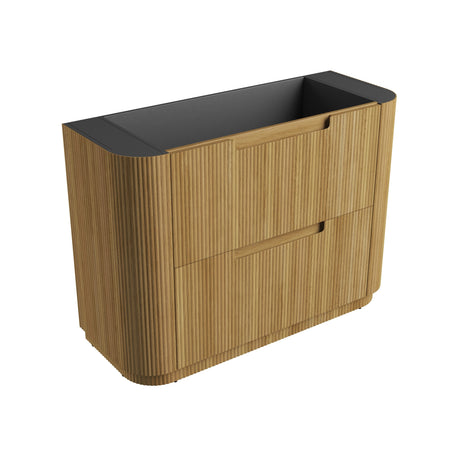 Wooden cabinet with black top on a white background