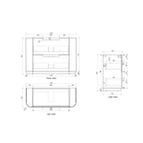 Technical drawing with dimensions of a rectangular object from front, side, and top views.
