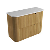 Wooden cabinet with a white top on a white background
