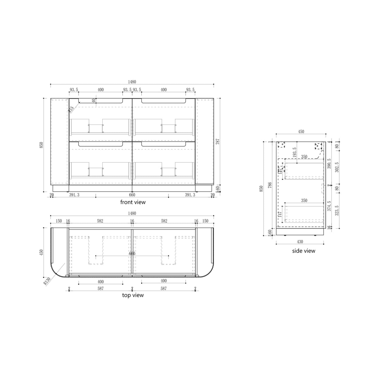 Technical drawing with dimensions of a rectangular object from front, side, and top views.