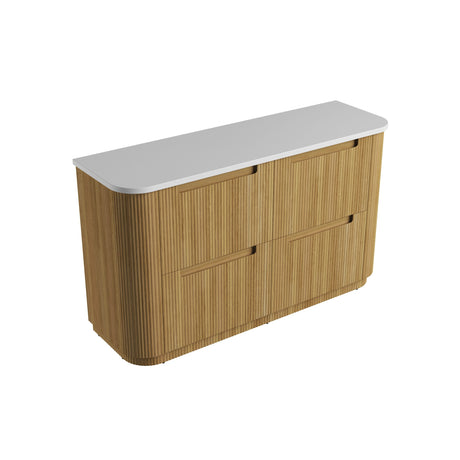 Wooden cabinet with a white countertop on a white background