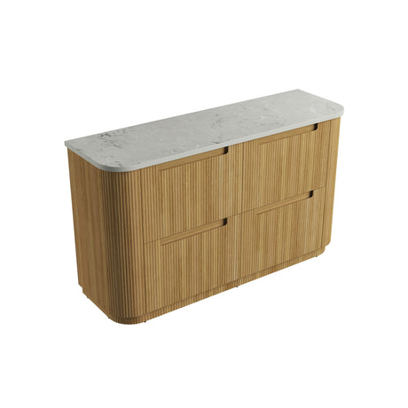 Wooden cabinet with a marble countertop on a white background