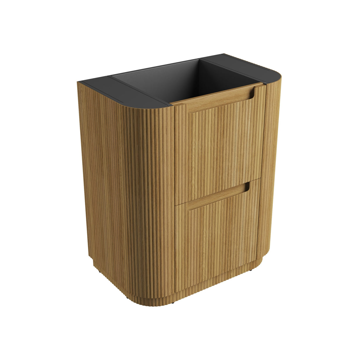 Wooden cabinet with black top on a white background