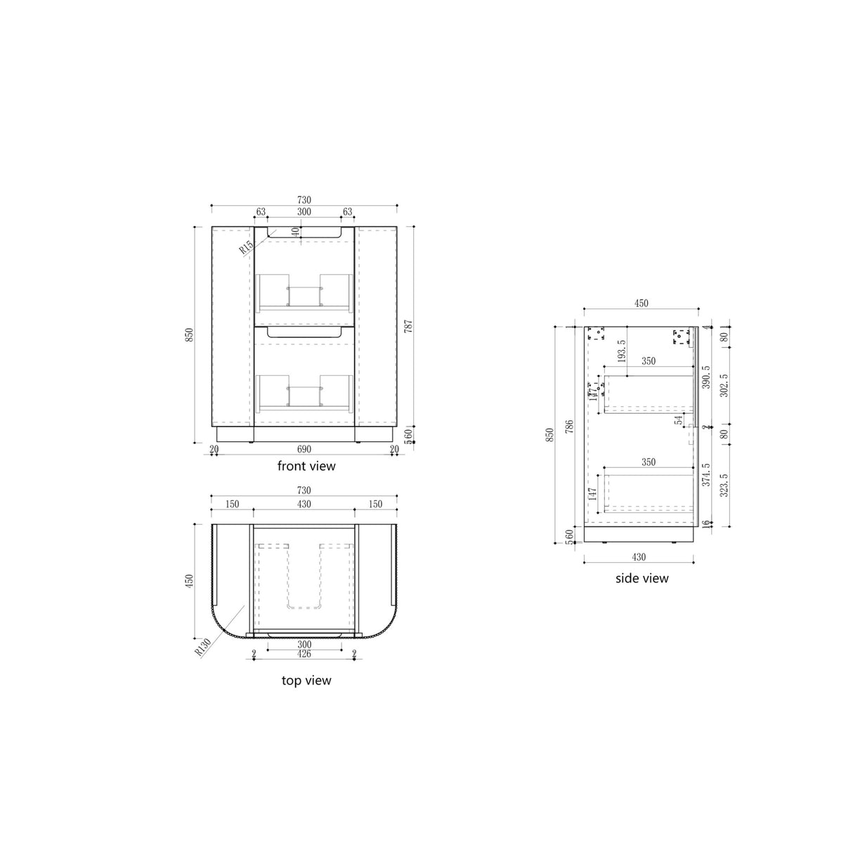 Technical drawing with dimensions of a rectangular object from front, side, and top views.