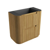 Wooden cabinet with black top on a white background