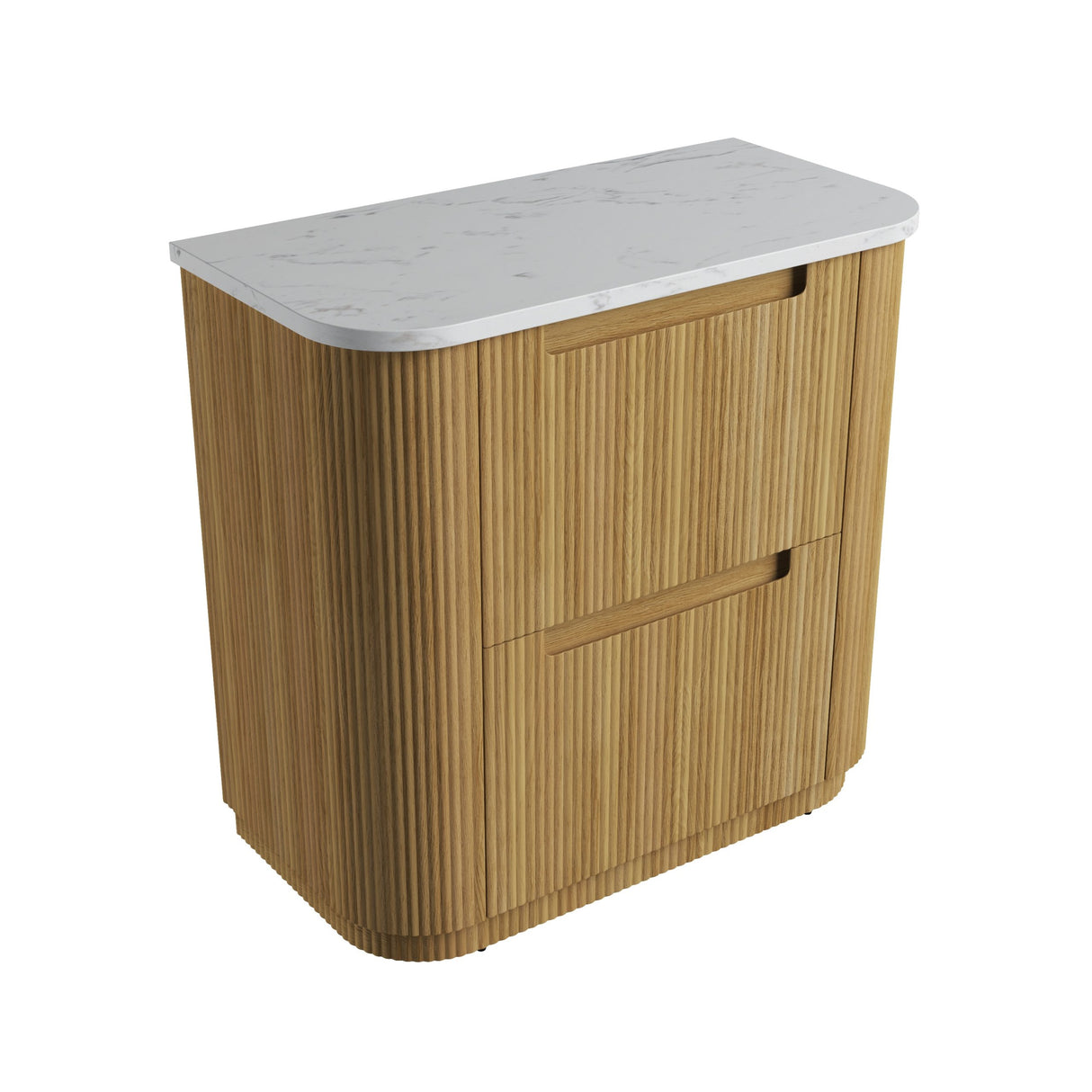 Wooden cabinet with a white countertop on a white background