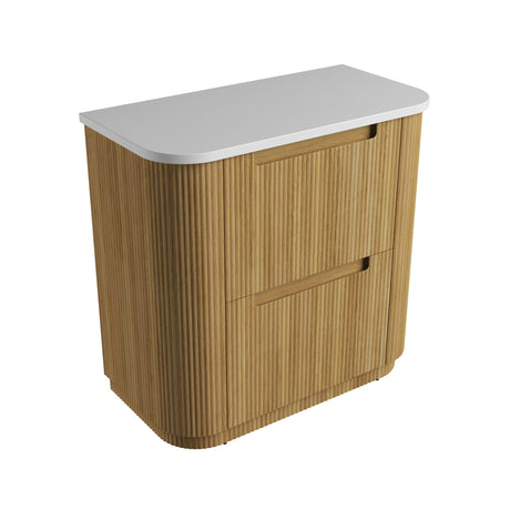 Wooden cabinet with a white countertop on a white background