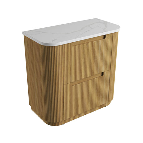 Wooden cabinet with white countertop on a white background