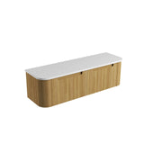 Rectangular wooden cabinet with a white countertop on a white background