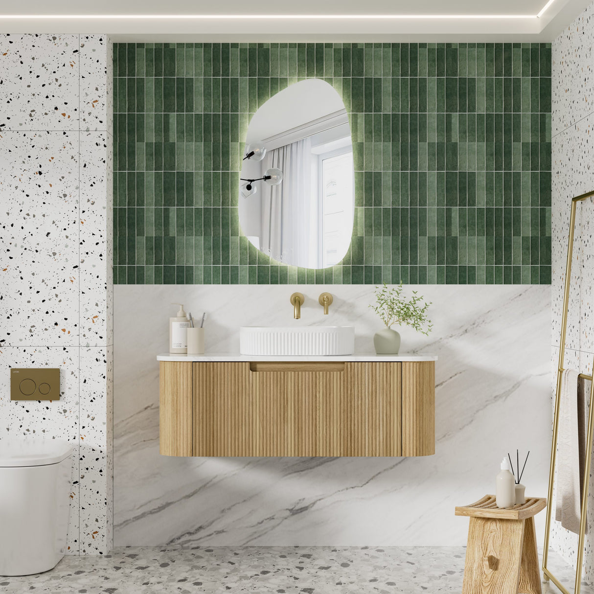Modern bathroom with green tiled wall, wooden vanity, and marble floor.