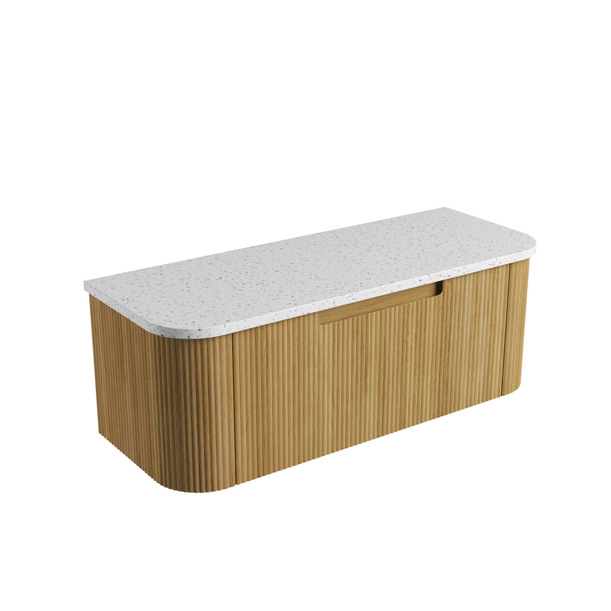 Wooden storage bench with a white textured top on a white background