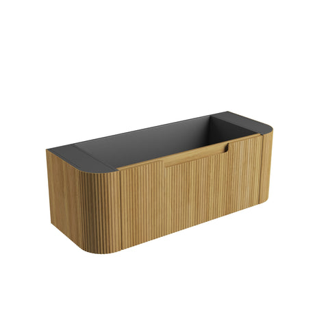 Bathroom vanity with wooden finish and black countertop on a white background