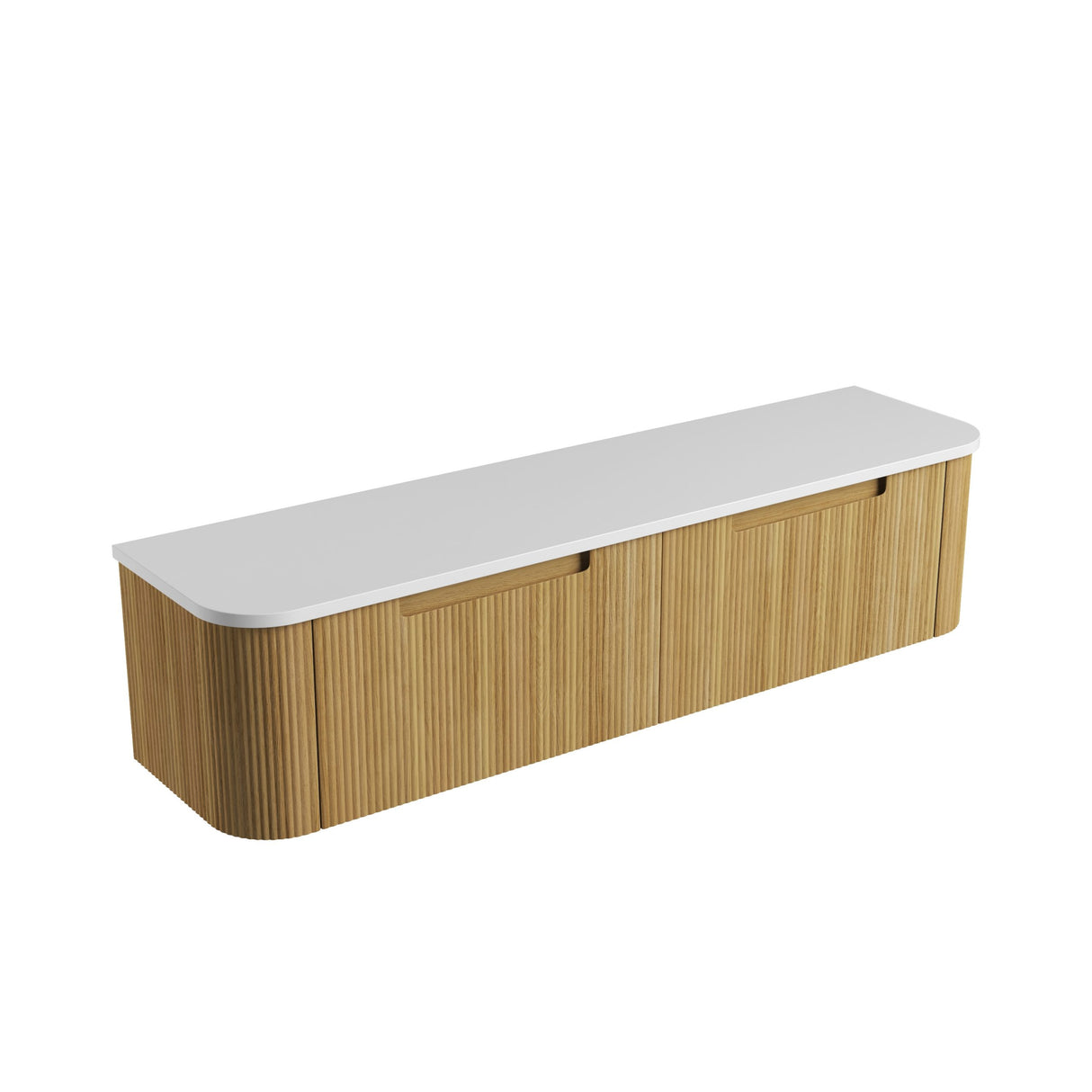 Long wooden cabinet with a white top on a white background