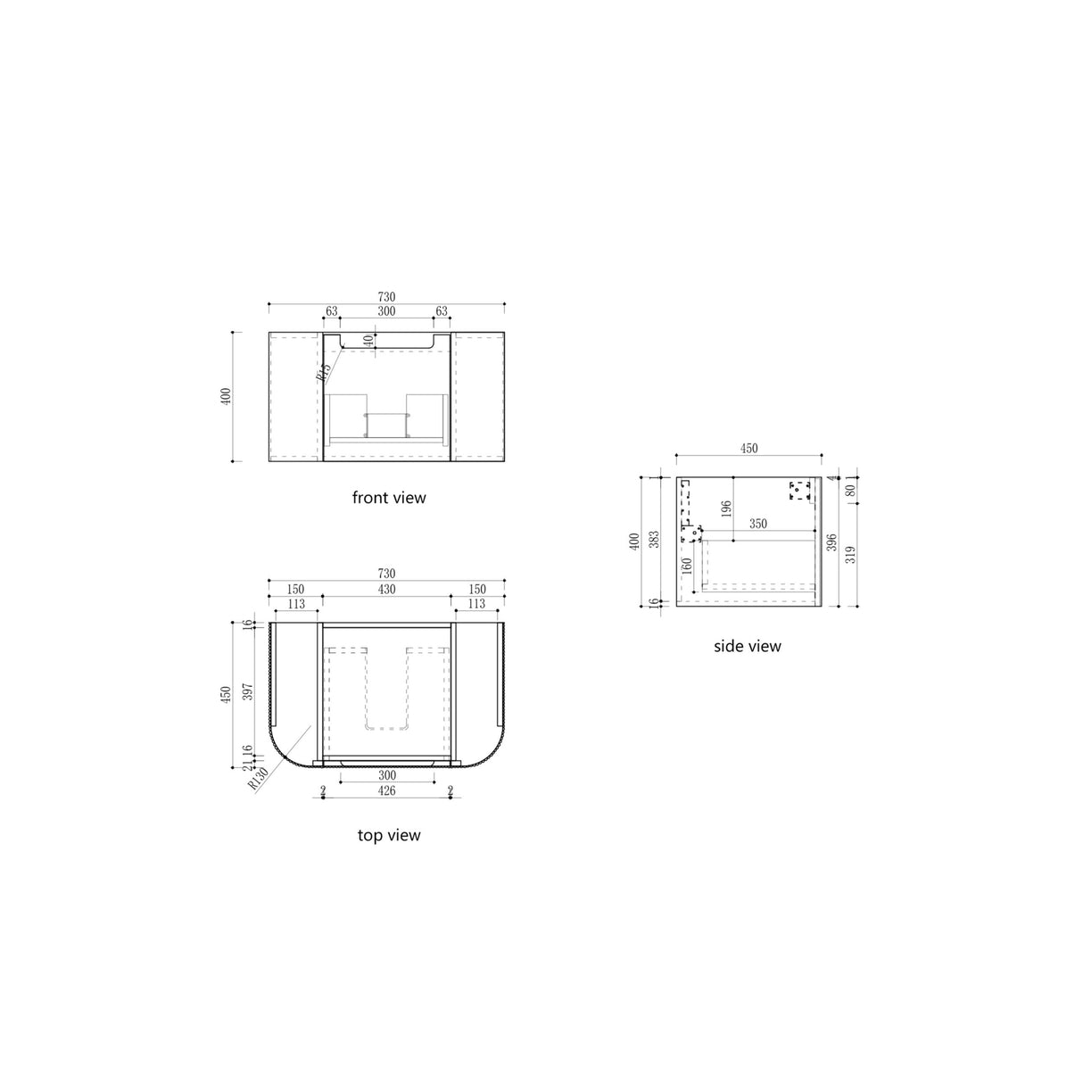 Technical drawings of a product's front, side, and top views with dimensions.