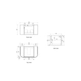Technical drawings of a product's front, side, and top views with dimensions.