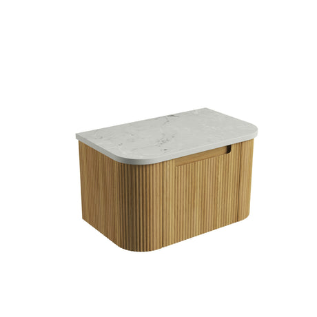 Wooden storage box with a marble-like lid on a white background