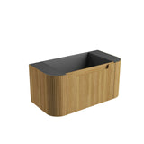 Rectangular wooden planter with a black top on a white background