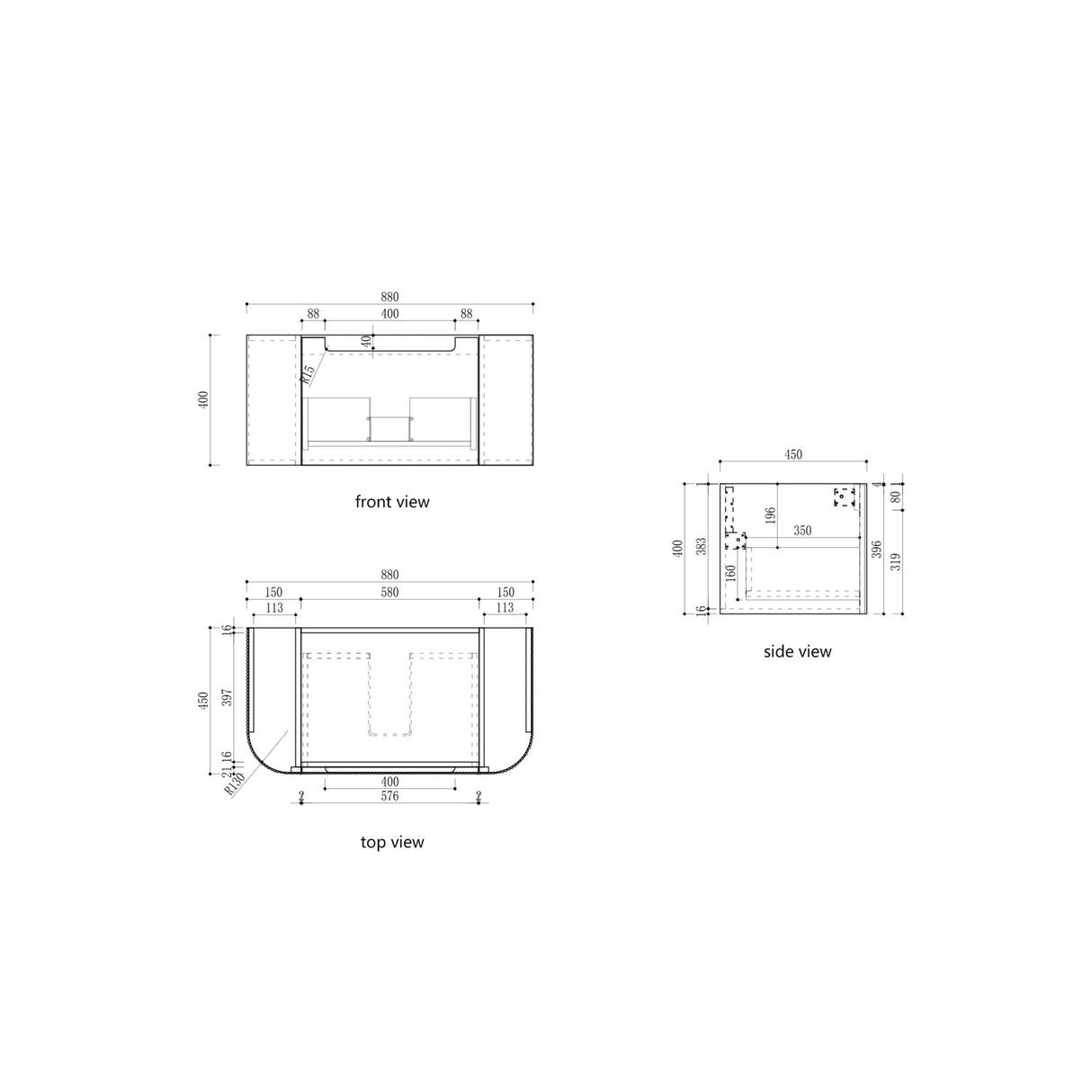 Technical drawings of a product with front, side, and top views including dimensions.