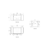 Technical drawings of a product with front, side, and top views including dimensions.