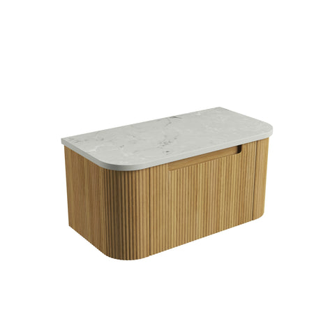 Wooden cabinet with marble-like top on a white background