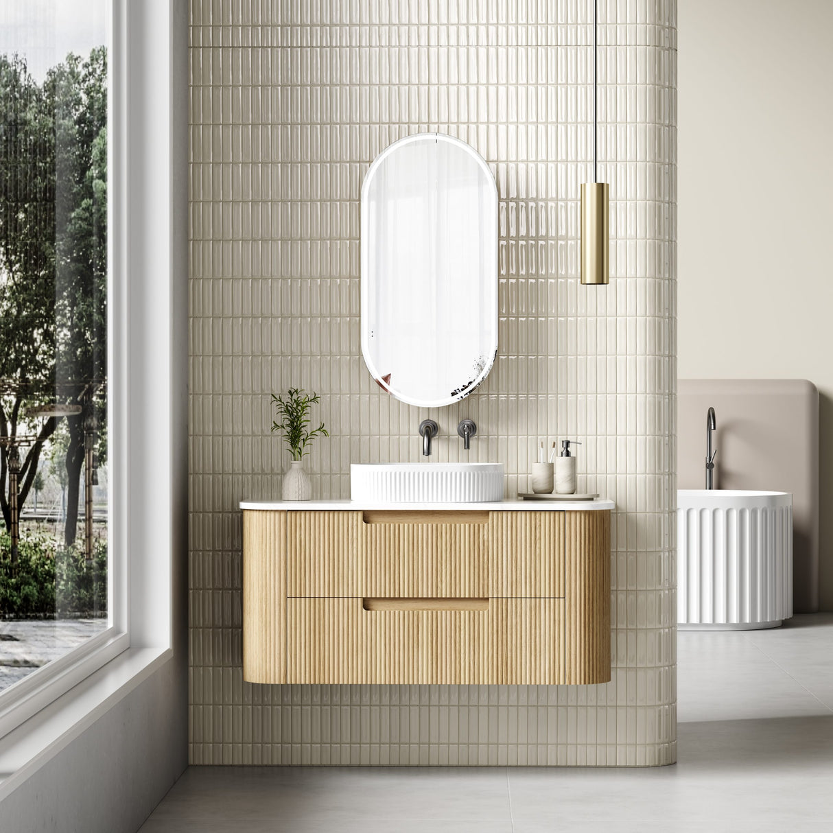 Bathroom with wooden vanity, mirror, and window view