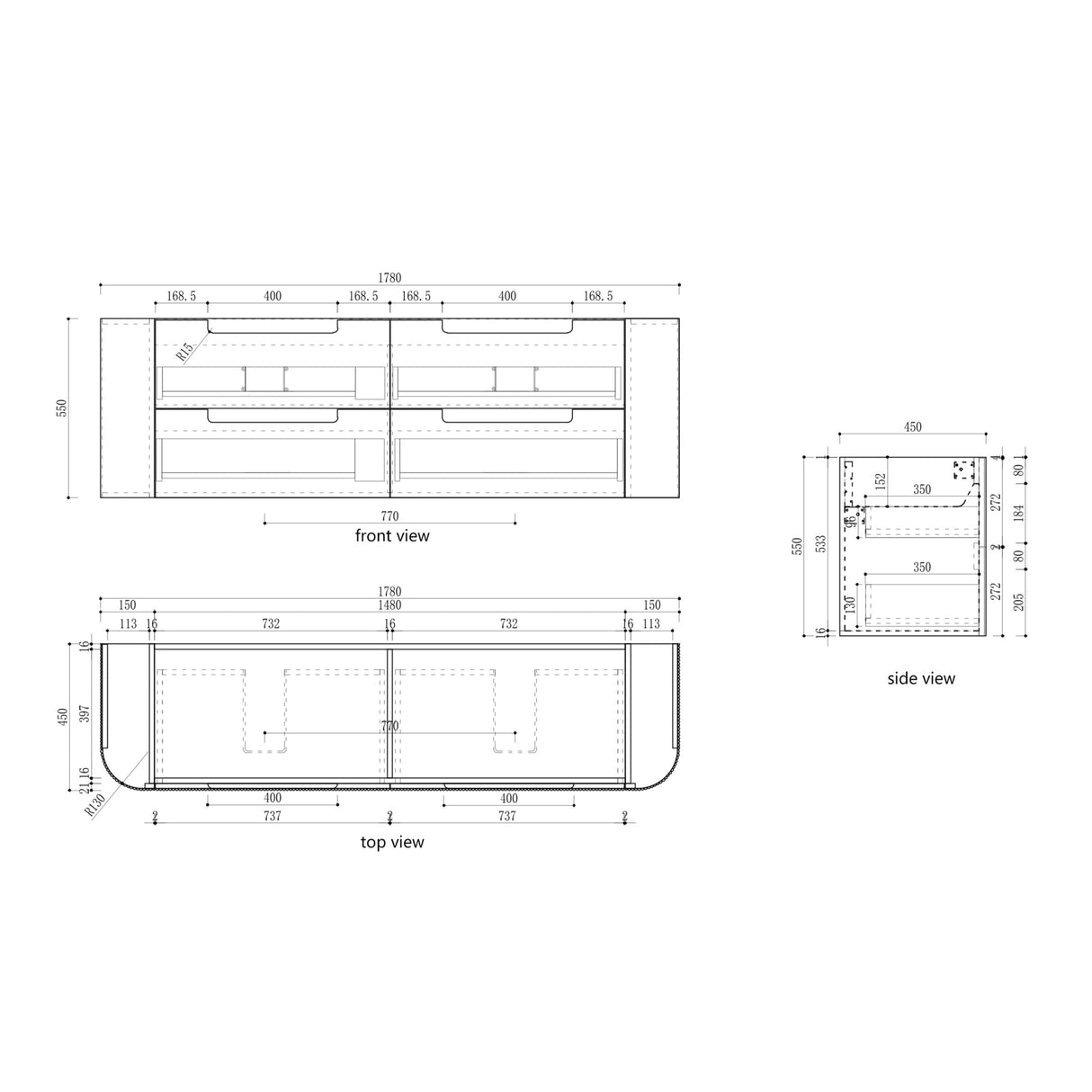 Technical drawing with front, side, and top views of a product with dimensions.