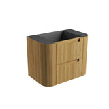 Wooden cabinet with black top on a white background