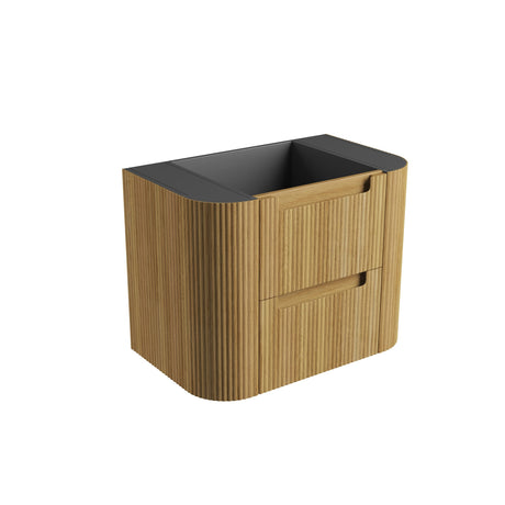 Wooden cabinet with black top on a white background