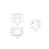 Technical drawings of a product with front, side, and top views showing dimensions.