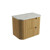 Wooden vanity unit with a white countertop on a white background