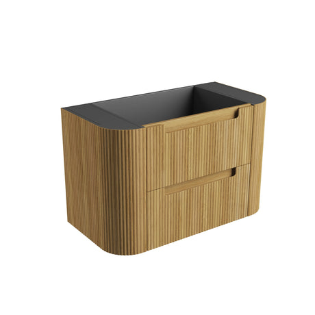 Wooden cabinet with black top on a white background