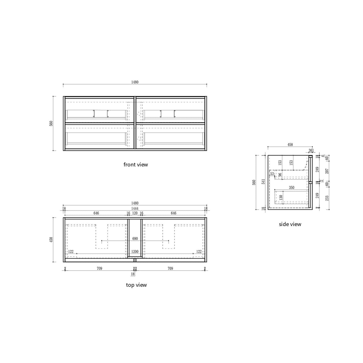 Venetta 1500mm Harvest Oak wall Hung Vanity - Fluted Framed drawing