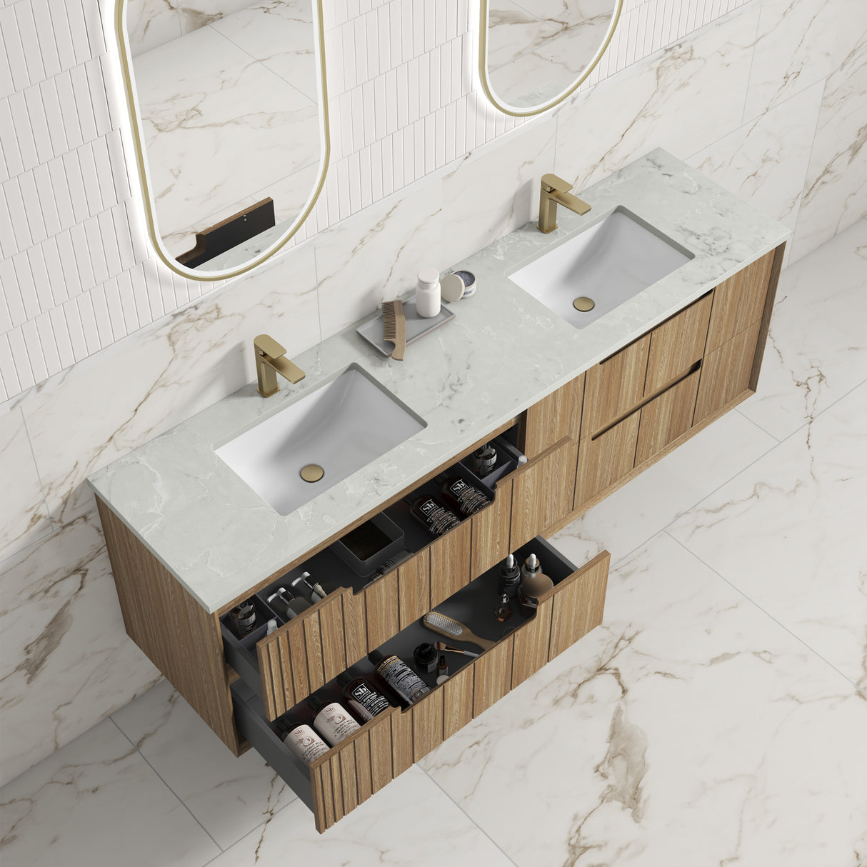 Voulari 1500mm Harvest Oak Wall Hung Vanity - Framed top view