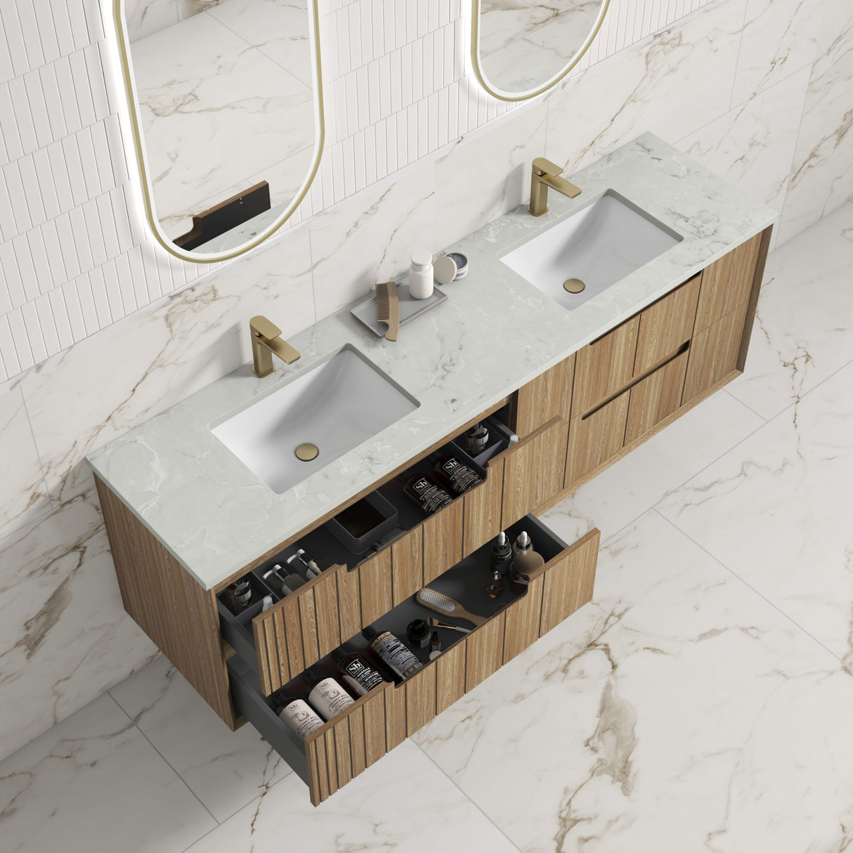 Voulari 1800mm Harvest Oak Wall Hung Vanity - Framed top view