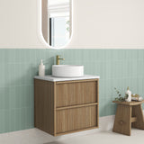 closer look to Venetta 600mm Harvest Oak Wall Hung Vanity - Fluted Framed side view