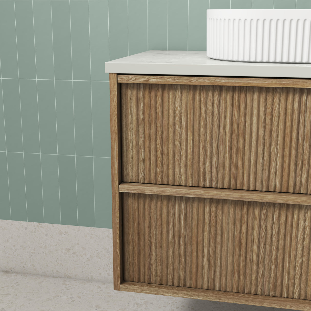 closer look to wooden design Venetta 600mm Harvest Oak Wall Hung Vanity - Fluted Framed