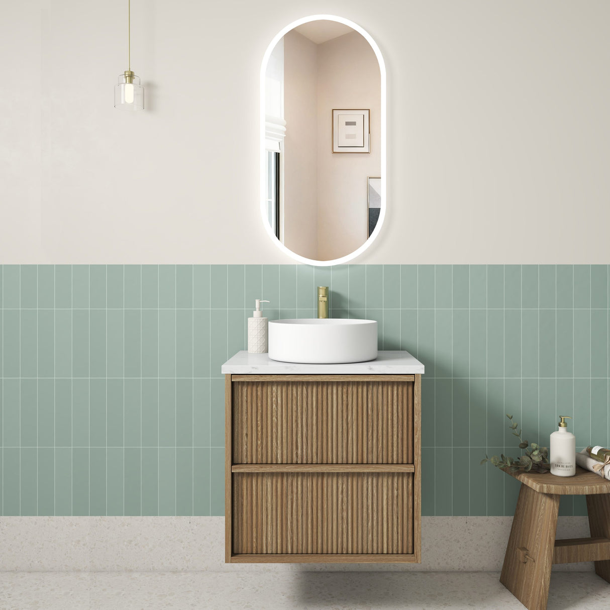 Venetta 600mm Harvest Oak Wall Hung Vanity - Fluted Framed front view