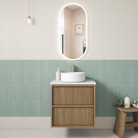 Venetta 600mm Harvest Oak Wall Hung Vanity - Fluted Framed front view